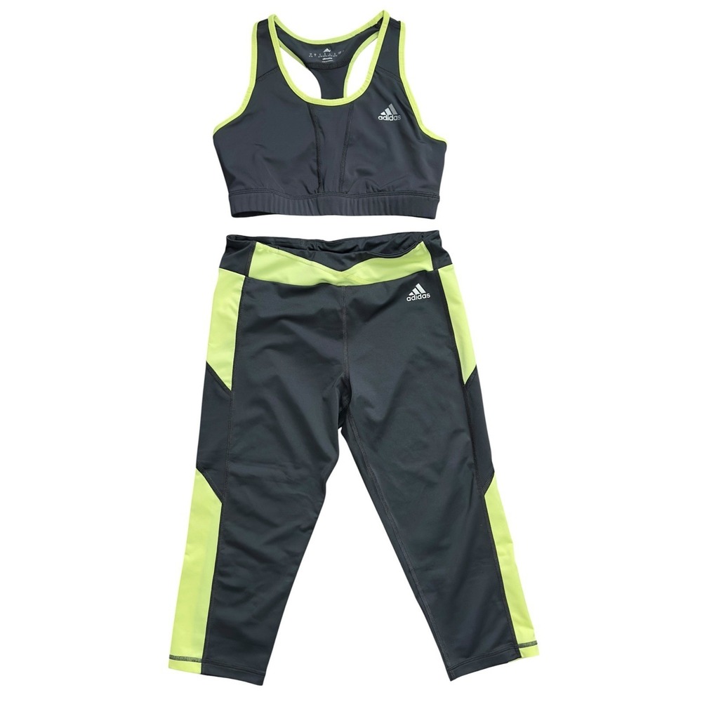 Adidas Climalite Sports Bra & Capri‎ Leggings Set Womens Dark Gray Neon Yellow S